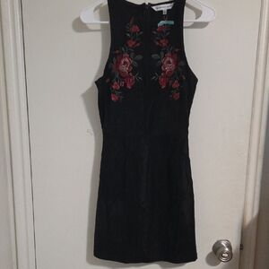 cupcakes & cashmere Black Mini Dress with Red Floral Embroidery